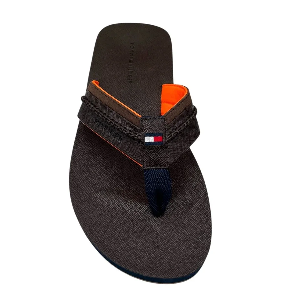 Tommy Hilfiger Mens Dembo Thong Sandal Size 11 Brown Faux‎ Leather Flexible